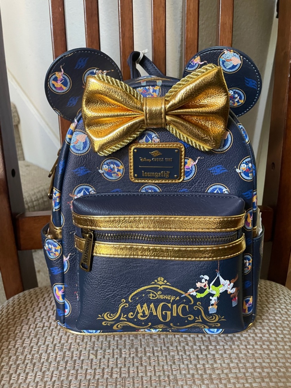 Loungefly Disney Cruise Line Navy Mini Backpack with Gold Bow and Accents